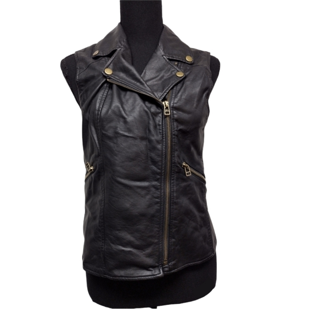 Sanctuary Clothing black vegan leather lined moto vest with zip pockets